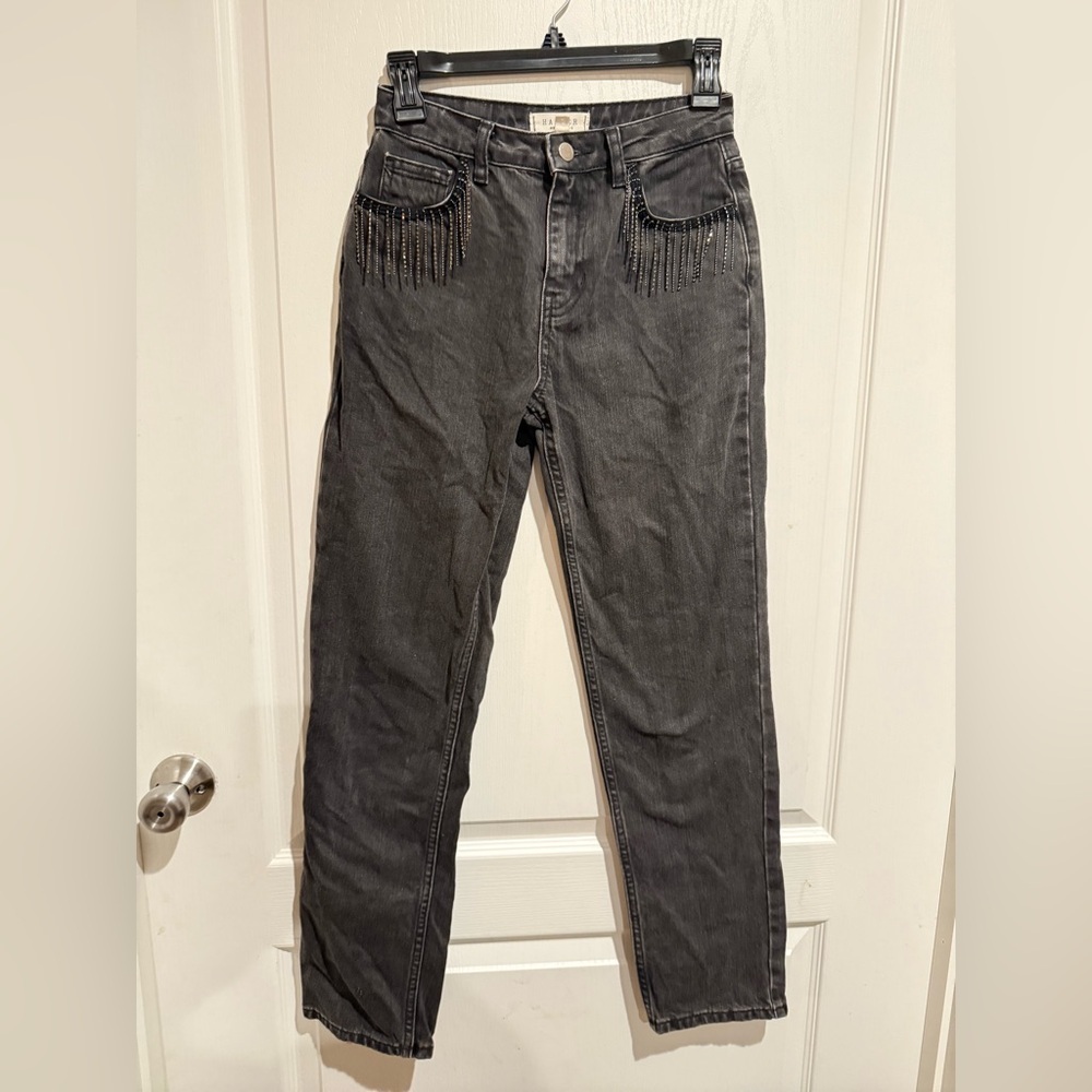 Black Straight Leg Jeans with Fringe Accents